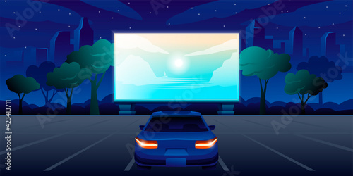 Outdoor cinema, open air movie night banner with one car. Bright screen with film outdoor theatre vector illustration. City entertainment event ad, parking lot view on cityscape