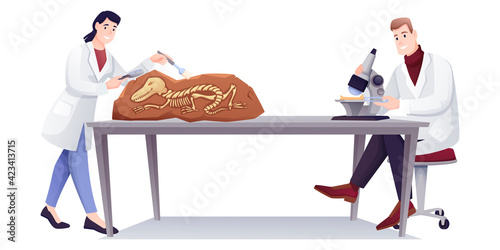 Paleontologists doing research with fossils in lab. People studying extinct dinosaur bones in laboratory vector illustration. Man with microscope, woman near fossil.