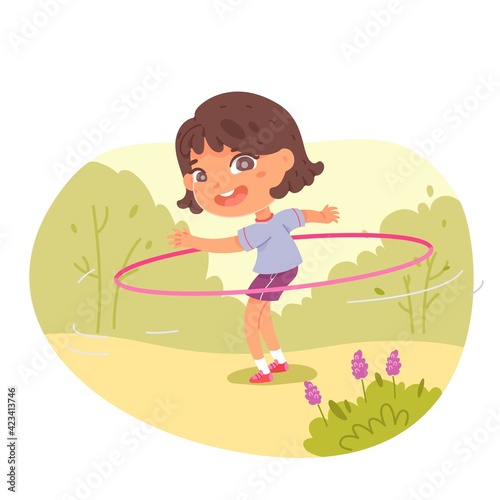 Girl with hula hoop in physical education class outdoor. Child doing active exercise in PE lesson vector illustration. Happy kid standing and smiling with sports equipment in park