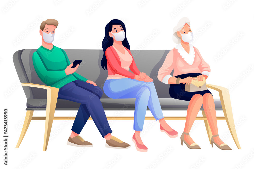 Obraz premium People waiting for appointment in queue. Women and man sitting in masks in hospital, bank or other building vector illustration. Group on grey sofa isolated on white background