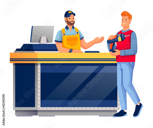 Man shopping in hardware shop. Salesman at counter with computer selling drill to happy guy vector illustration. Scene in tools and materials store isolated on white background