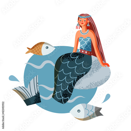 Mermaid sitting on rock in sea. Medieval Norway mythology and fantasy tales vector illustration. Young woman with tail and scales in water with fish isolated on white background