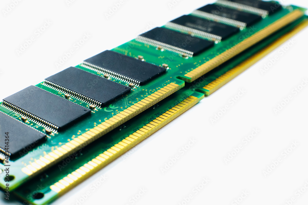 RAM memory for computer on the white background. Close up, macro photo. RAM memory for computer on the white background. Close up, macro photo.