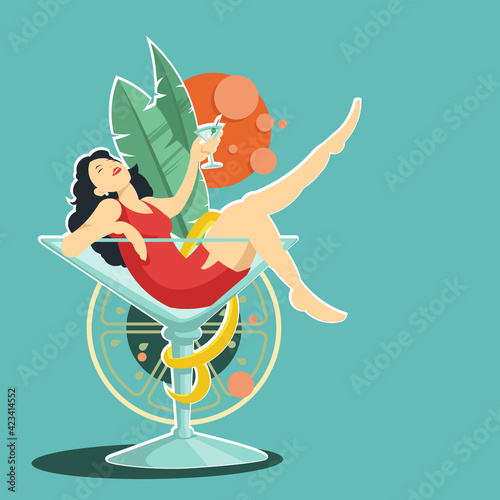 Woman in a cocktail glass. Vector illustration.