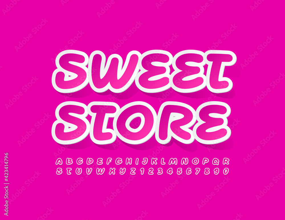 Vector pink logo Sweet Store. Bright artistic Font. Sticker set of Alphabet Letters and Numbers