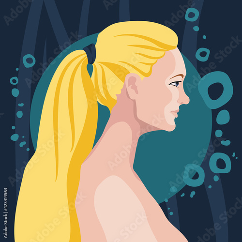 Vector portrait of a young blonde with long hair. Girl model. Fashion and beauty. Bright vector illustration in a flat style.