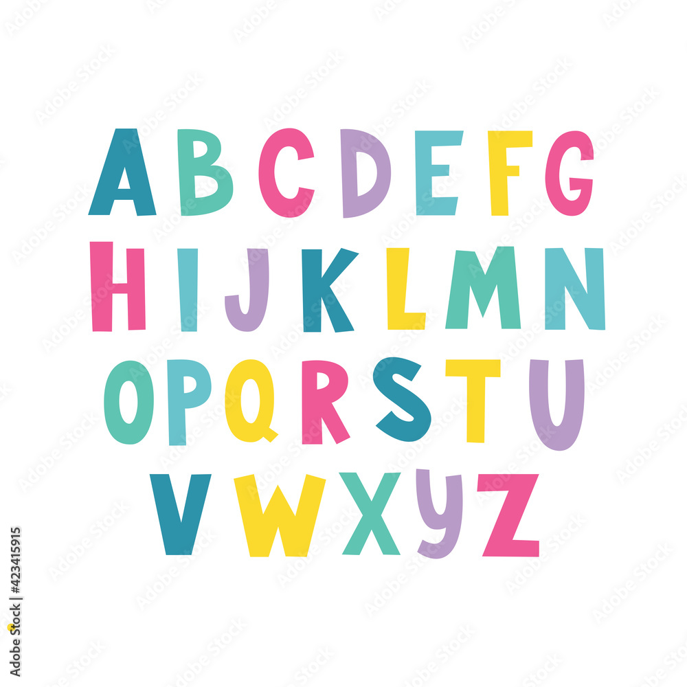 Kids colourful alphabet in hand drawn style. Vector alphabet for your banners or invitations.