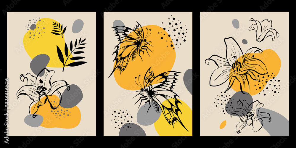 Botanical illustration with flowers and butterflies. Graphic images of lilies on an abstract background.