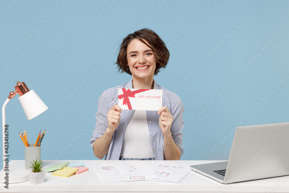 Young happy successful employee business woman 20s wear casual shirt ...