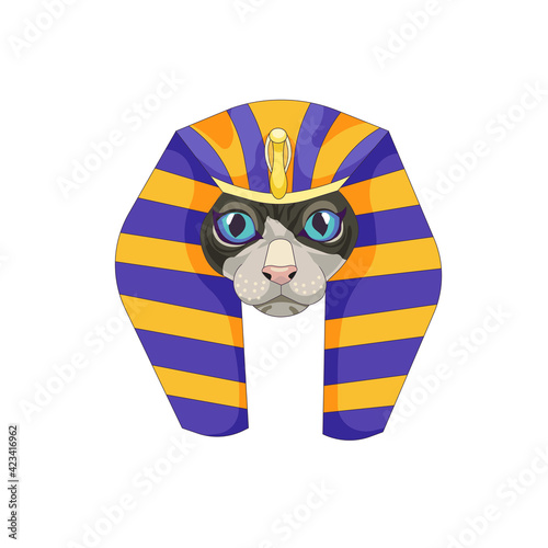 Vector head of Sphynx cat in Pharaoh Nemes on white isolated background, isolated no fur spotted cat with stripped head cloth in Cartoon style, concept of Egyptian culture and Fashion, Pets.