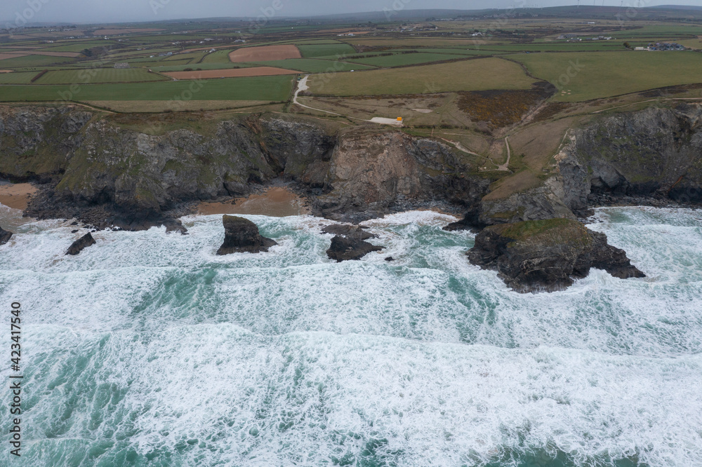 Aerial photograph of Bedruthan Steps, Near Newquay, Cornwall, England 