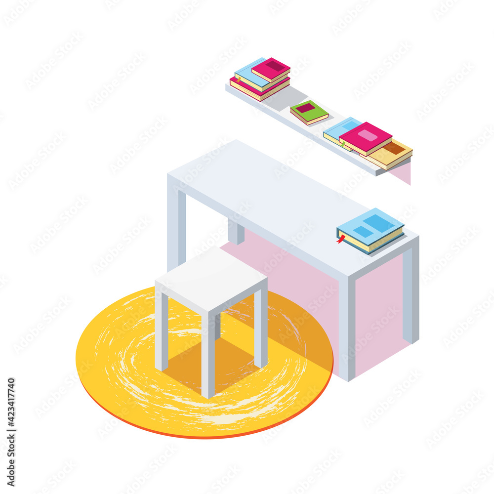 Vector set of workplace for study and work. Isometric illustration of table, chair and shelf with books isolated on white background Vector set of workplace for study and work. Isometric illustration of table, chair and shelf with books isolated on white background