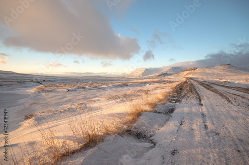 Snowy landscape along a road, Thingvellir National Park, Iceland