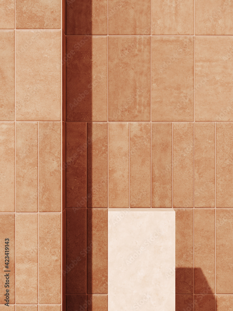 Fototapeta premium Summer mockup background for product presentation. Beige terracotta podium on brown rustic ceramic tile. Clipping path included. 3d rendering illustration. 
