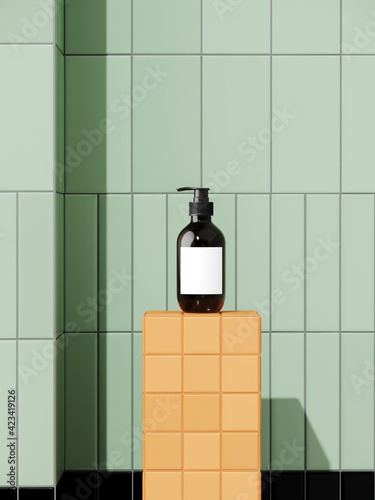 Retro mockup background for product presentation. Cosmetic bottle and beige podium on green ceramic tile. Clipping path included. 3d rendering illustration. 