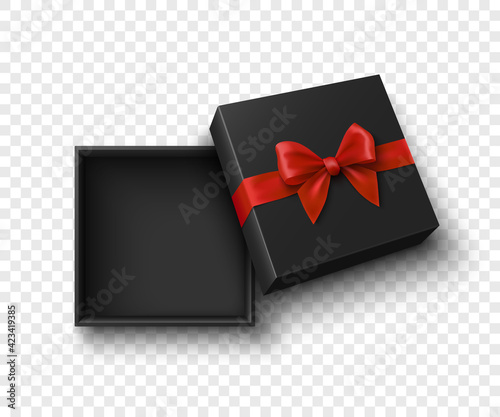 Black open gift box with red bow on transparent background. Package with ribbon. Vector illustration.