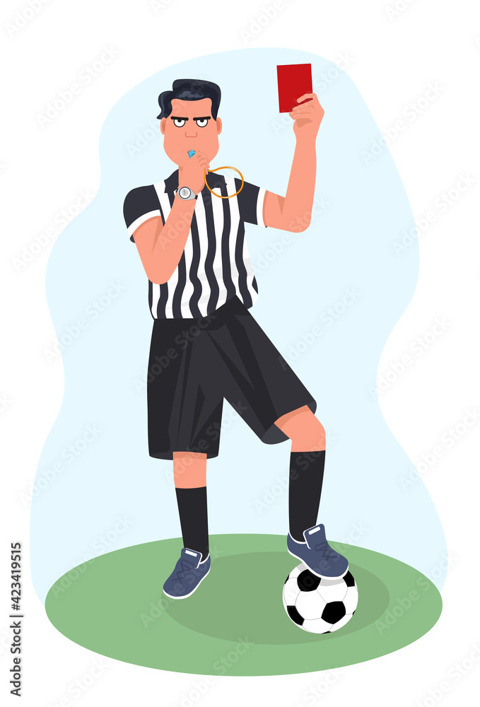 Whistling soccer referee showing red card during match, human character ...
