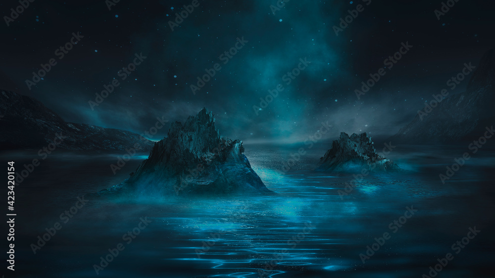 Futuristic night landscape with abstract landscape and island, moonlight, shine. Dark natural scene with reflection of light in the water, neon blue light. Dark neon circle background.