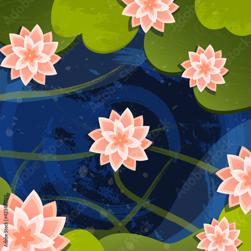 Vector illustration of a pond with water lilies and lotuses, top view. Beautiful illustration for background, print, design.