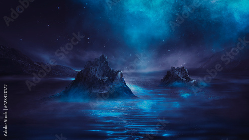 Futuristic night landscape with abstract landscape and island  moonlight  shine. Dark natural scene with reflection of light in the water  neon blue light. Dark neon circle background.