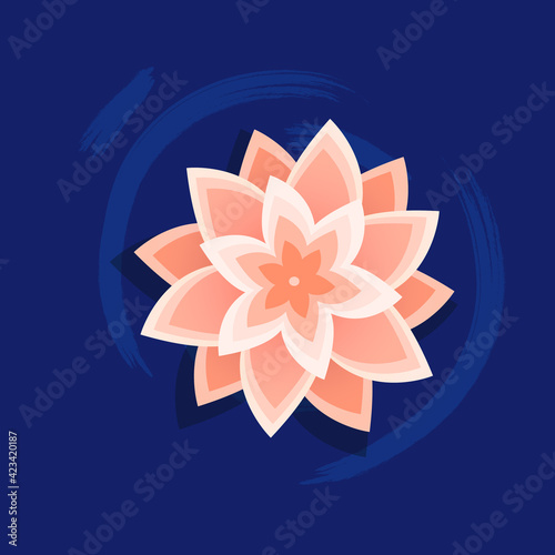 Vector pink lotus, top view. Flower in a pond in simple flat style isolated on white background.