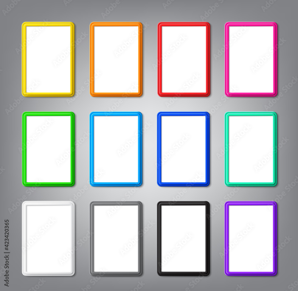 Collection of colored vertical frames with shadows and rounded corners are blank mockup. Vector modern design of template photo frame A4 size is perfect for presentations, photos and pictures Collection of colored vertical frames with shadows and rounded corners are blank mockup. Vector modern design of template photo frame A4 size is perfect for presentations, photos and pictures