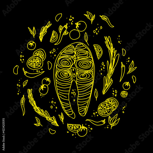 Graphic illustration set of seafood red fish, vegetables, spices and herbs. Mediterranean Kitchen. Suitable for kitchen design, menu, restaurant, packaging, fabric, paper, website.