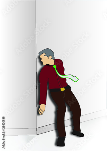 A corporate agent hiding behind a wall to sneak on others.