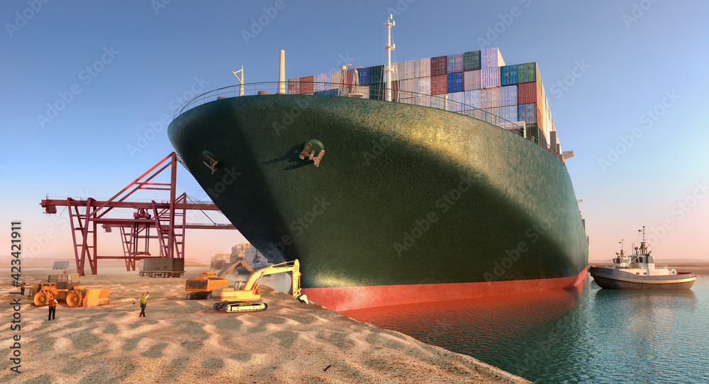 Fototapeta premium Suez waterway blockage. Effort to refloat wedged container cargo ship. Cargo vessels maritime traffic jam grows in Suez canal. Ever given grounding and stuck in Suez Canal trade artery 3D illustration