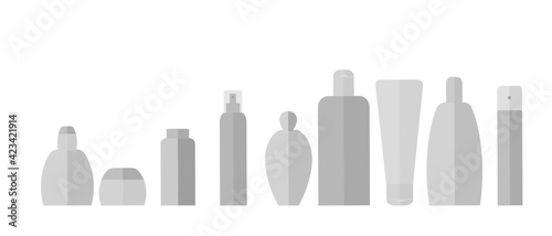 A set of cosmetic bottles of different shapes with lids. Solid color insulated cans for body care products on a white background. Containers for shampoo, gel, cream, hair spray, mousse, oil, lotion.