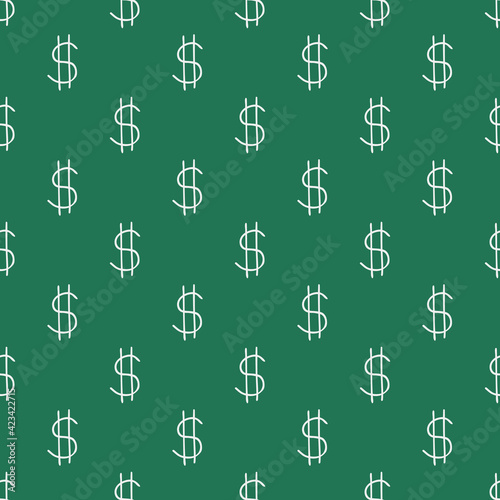 Vector seamless pattern with hand drawn dollar emblem on green background