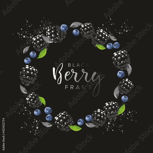 Circular frame of blackberries, blueberries and leaves on a black background, hand-drawn.