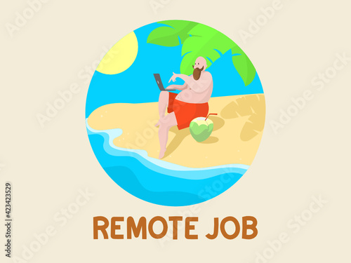 A successful freelancer works remotely. Remote worker on the beach with a laptop. A fat guy with a beard is tanning on the seashore. Blogger in red swimming trunks.