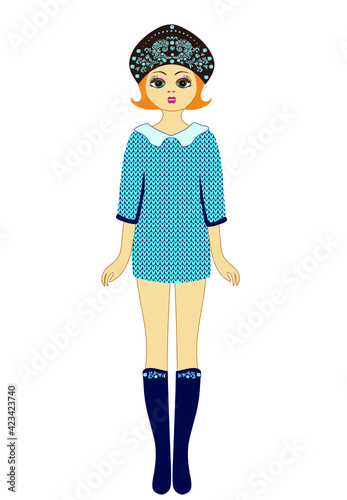 A blond Slavic girl in a fashionable knitted blue dress with a white collar and a kokoshnik. Template. Fashion show. Russian headdress. Fashion design and modeling, advertising