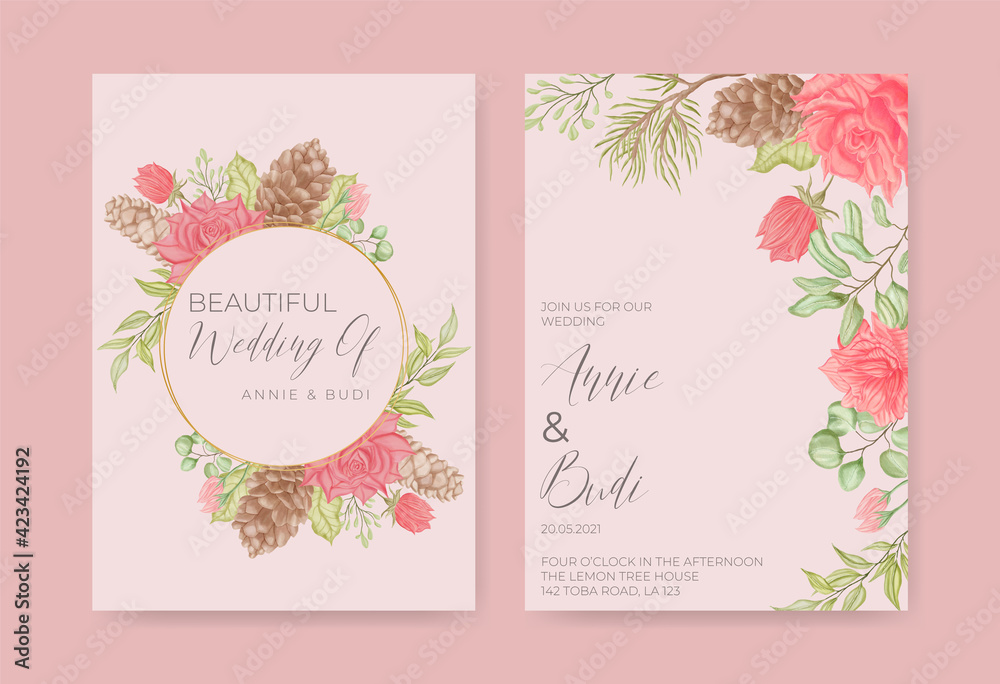 Romantic wedding invitation template with floral ornament