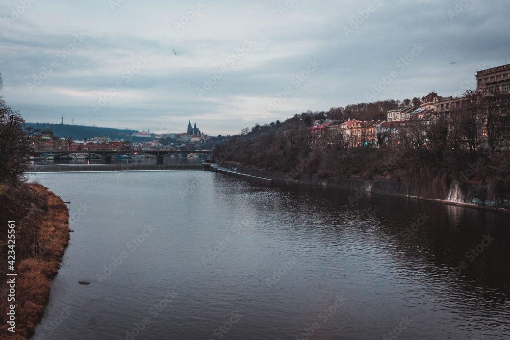View on the part of the city of Prague lying at Vltava river