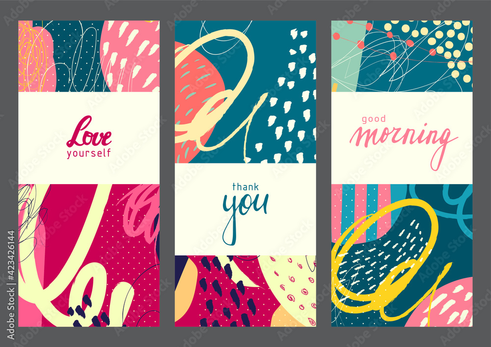 Set of creative universal abstract cards. Designs for prints, wedding, anniversary, birthday, Valentine's day, party invitations, posters, cards, etc. Vector. Isolated.