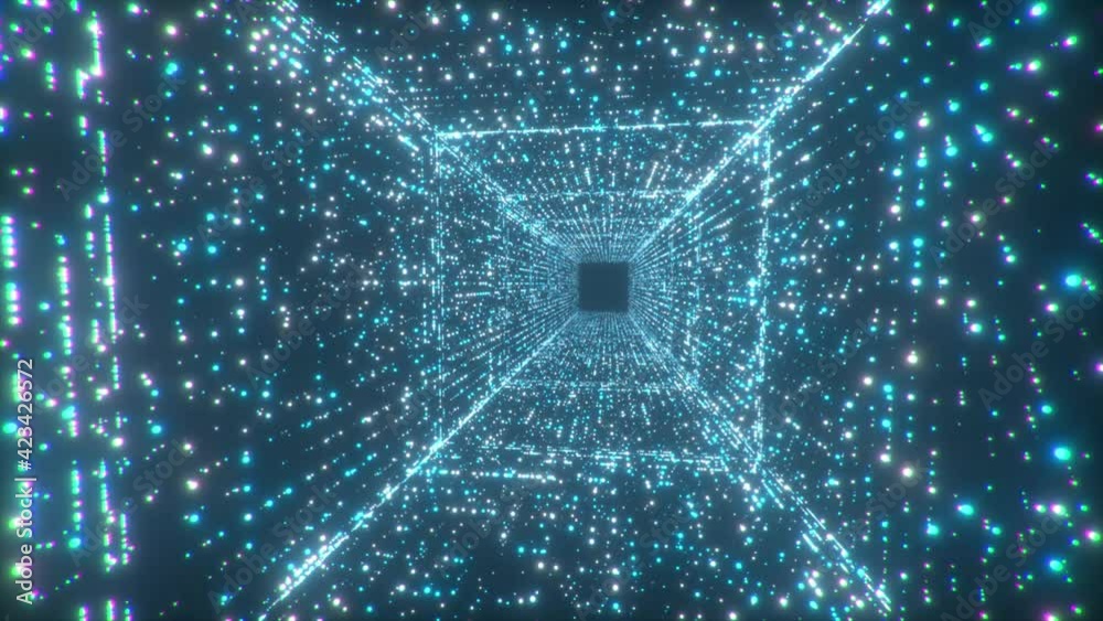 Digital technology tunnel. 3D Big Data Digital square corridor with futuristic matrix. Binary code particle network. Motion and communication technology background. Flashing particles.