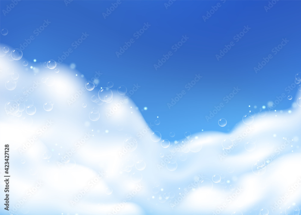 Beautiful blue background with realistic Soap foam with bubbles. Shampoo bubbles texture. Shiny washing hygiene detergent. Empty place for your text. Vector illustration Beautiful blue background with realistic Soap foam with bubbles. Shampoo bubbles texture. Shiny washing hygiene detergent. Empty place for your text. Vector illustration