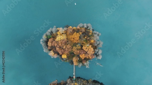 small island covered with colorful autumn trees stands among clear light blue sea water with flycam zooming in