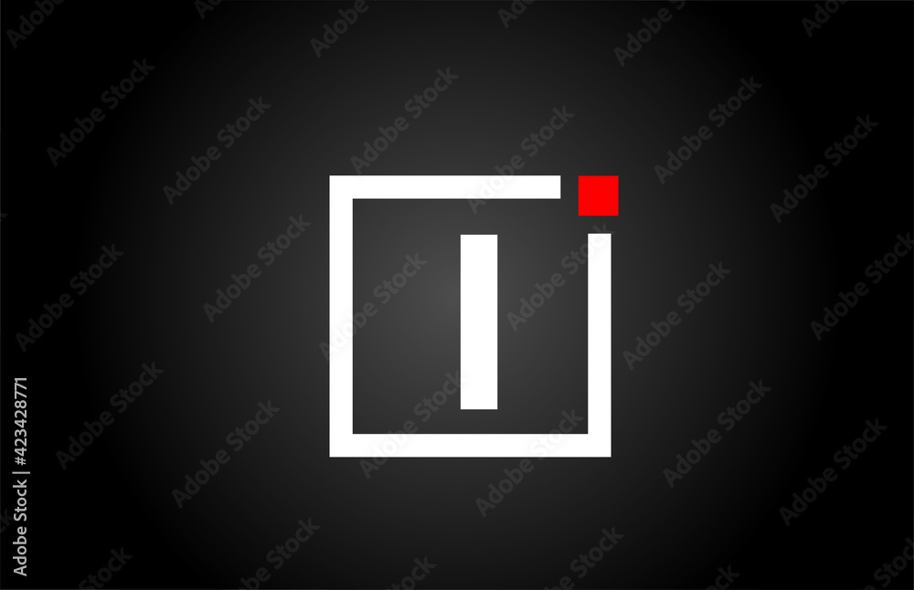 I alphabet letter logo icon in black and white color. Company and business design with square and red dot. Creative corporate identity template I alphabet letter logo icon in black and white color. Company and business design with square and red dot. Creative corporate identity template