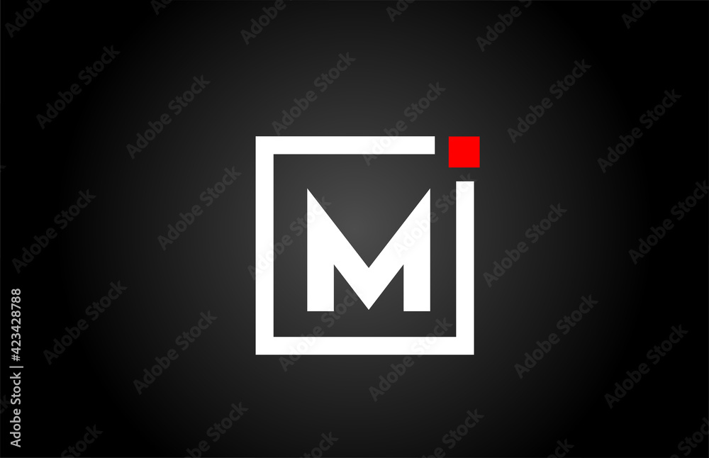 M alphabet letter logo icon in black and white color. Company and business design with square and red dot. Creative corporate identity template M alphabet letter logo icon in black and white color. Company and business design with square and red dot. Creative corporate identity template