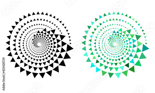 Halftone triangles in circle form. Round logo or icon. Vector dotted illustration as design element.