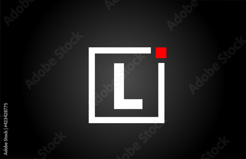 L alphabet letter logo icon in black and white color. Company and business design with square and red dot. Creative corporate identity template