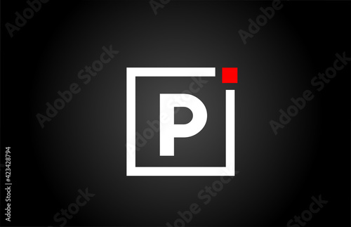 P alphabet letter logo icon in black and white color. Company and business design with square and red dot. Creative corporate identity template