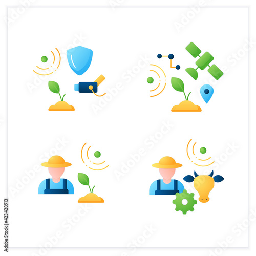 Smart farm flat icons set. Consist of agronomist, animal breeder, CCTV, GPS geofencing.Agricultural innovation concepts.3d vector illustrations