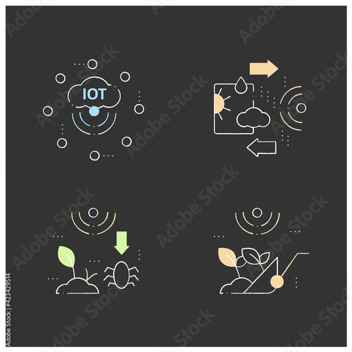 Smart farm chalk icons set. Consist of IoT sensors, harvesting, weather tracking,pests and weeds elimination.Agricultural innovation concepts.Isolated vector illustrations on chalkboard