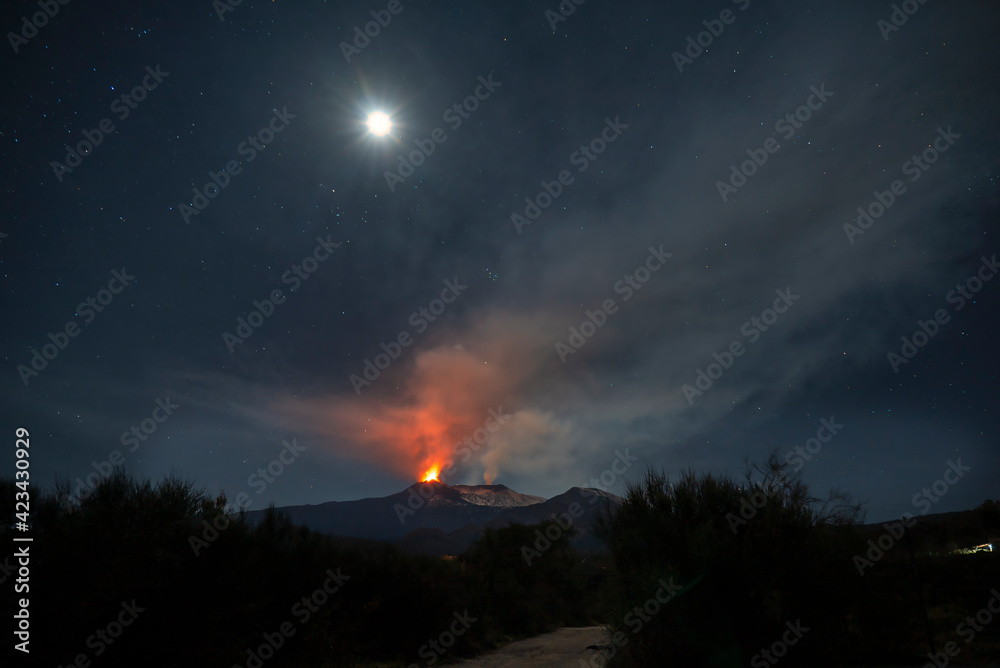 Paroxysmal activity of the Etna volcano in Sicily in 2021. Lapilli and violent explosions. Volcanic ash fallen in the neighboring countries of the volcano.