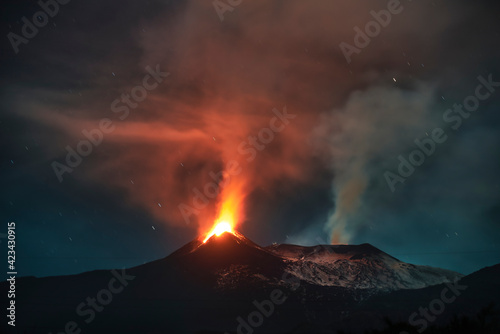 Paroxysmal activity of the Etna volcano in Sicily in 2021. Lapilli and violent explosions. Volcanic ash fallen in the neighboring countries of the volcano.