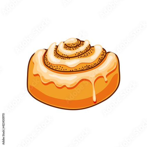 Bun with cinnamon and cream on a white background. Isolated background. Vector illustration.